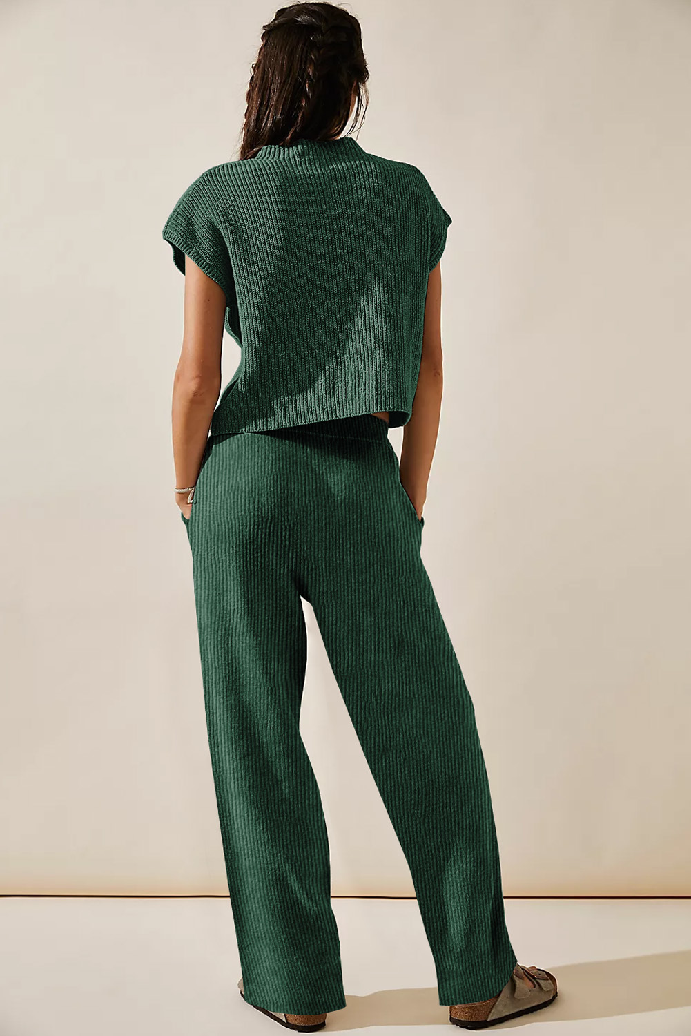 Green Knitted V Neck Sweater and Casual Pants Set Item image 2