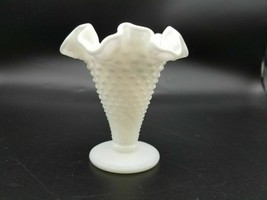 Milk Glass Crimped Trumpet Vase Fluted White Hobnail Pedestal Base 3 7/8&quot; - £15.04 GBP