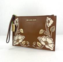 Michael Kors Wristlet Nouveau Floral Brown Leather Applique Large Zip B19 - £75.17 GBP
