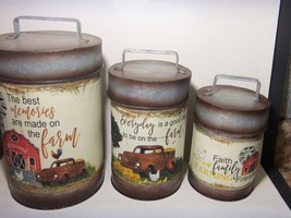 Older 3-PIECE Galvanized Metal Canisters W Farm Scene Welcome Barn - $24.70