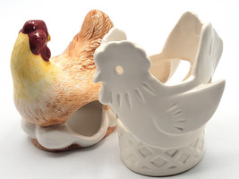 2 Rooster Chickens Figurines Tealight Candle Holders Farmhouse Collectible - £19.78 GBP