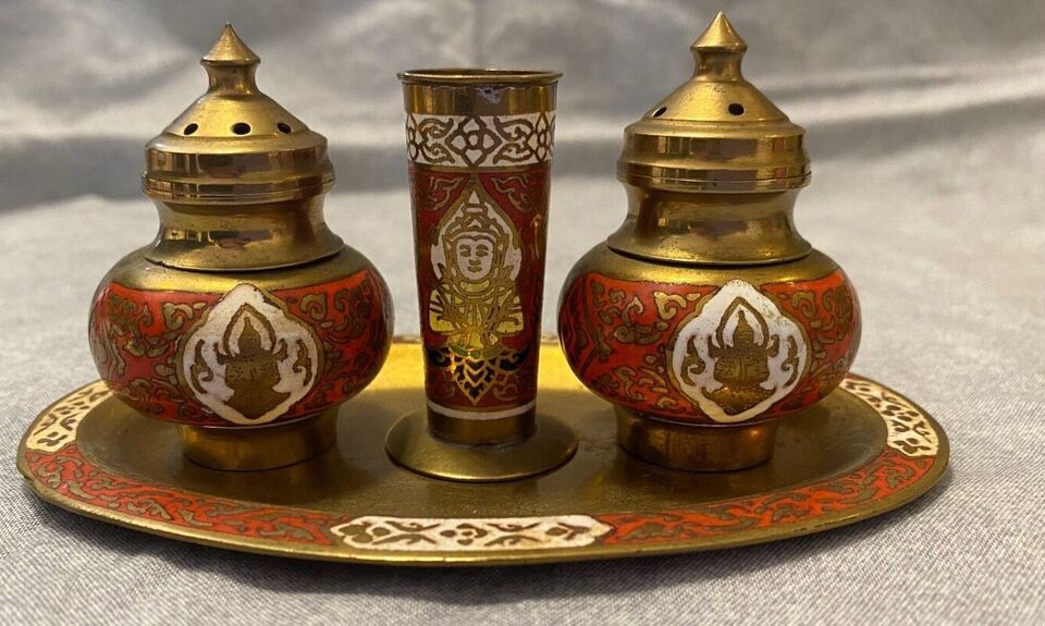 Vintage Enameled Brass Tray Salt &amp; Pepper Shaker Toothpick Set - India - $12.82
