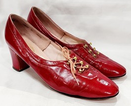 Amano Bootier RED Patent Leather Heel Pump Gold Retro Vintage Lace 7.5 B... - $40.00