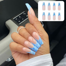 24PCS Fake Nail Press On Coffin French Full Cover Sky Blue color - £3.92 GBP