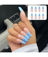 24PCS Fake Nail Press On Coffin French Full Cover Sky Blue color - £3.93 GBP
