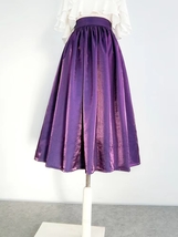 Purple A-line Satin Midi Skirt with Pockets Women Plus Size Pleated Midi Skirt image 5