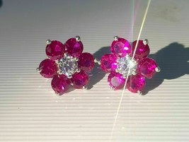 2.50Ct Simulated Ruby Cluster Flower Stud Earrings 14K White Gold Plated Silver - £75.63 GBP