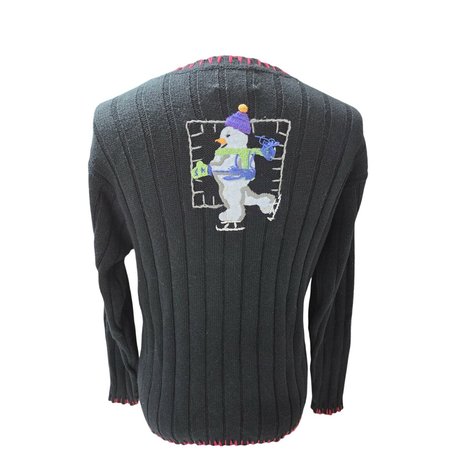 VTG 90S Quacker Factory Black 3D Red Trim Snowman Winter Cardigan Holiday L Item image 4
