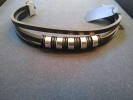 3 Strand Beaded Black PU Leather / Steel Bracelet. Be a Rockstar! ~New~ - $9.90