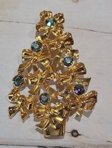 Avon Christmas Tree Brooch Pin Vintage Blue Purple AB Rhinestone Bow Gold Tone - £8.98 GBP