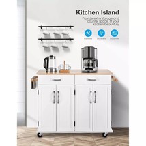 White Rolling Handle Rack Wooden Top Kitchen Cart Island Cabinet - $325.66