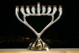 Vintage Judaica Hanukkah Jewish Menorah Brass Gold and Silver Plated Israel Lamp - £60.44 GBP