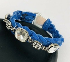 Braided Blue Leather Laces Rhinestone Silver Button Clasp Bracelet  - $24.99