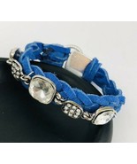 Braided Blue Leather Laces Rhinestone Silver Button Clasp Bracelet  - £19.74 GBP