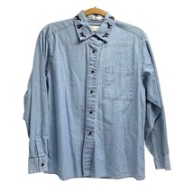 Foxcroft Womens Size 6 Chambray Button Up Shirt Top Denim Blue Long Sleeve Black - £12.44 GBP