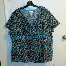 SB Scrubs Top XL Large Dark Blue Floral Fold Over  Front W Tie - $8.91