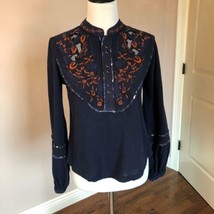 Euc Free People Navy Blue Cotton Embroidered Top Sz Xs - £30.20 GBP