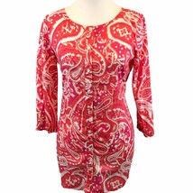 Jones New York Womens Top Small Button Down Blouse Red Pink Print Tie Bl... - $263.24 MXN