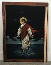 Vtg Large Black Velvet Oil Painting of Jesus Walking on Water Mexico 39” X 28.5” - £404.43 GBP