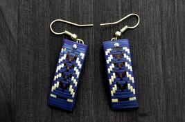 Blue Ethnic Earrings with Geometric Designs, Straw Mexican Earrings - £9.50 GBP