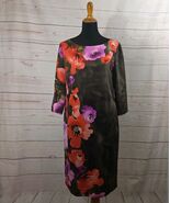 St. John Brown Silk with Red and Purple Floral Shift Dress 3/4 Sleeve Si... - $94.05
