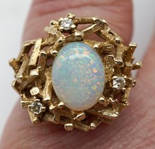 14K Gold &amp; Australian Opal &amp; 3 Diamond Ring Unique Jumbled Twig Design Size 6.5. - £513.32 GBP