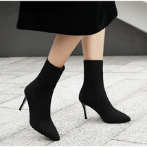 New Autumn Winter Women Boots Solid Knitting Thin High Heel Ankle Boot Ladies Po - £41.32 GBP