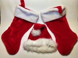 Fluffy Santa Cap with Faux Fur Trim and Two Oversized Red Stockings - Adult-Size - £9.59 GBP
