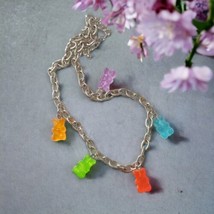 Gummy Bear Necklace Silver Tone Chain Charms Plastic Rainbow Candy Translucent  - £15.91 GBP