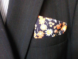 FLORAL POCKET SQUARE - orange, blue, yellow flowers, Print,  Wedding,  M... - $218.57 MXN