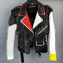 New Men&#39;s Punk Full Silver Spiked Studded Cowhide Biker Real Leather Jacket-646 - £301.12 GBP