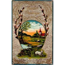 Antique Embossed Easter Greetings Postcard, Church Pastoral Scene Lamb Spring - £13.87 GBP