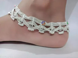 Indian Silver Plated Anklet Payal Pajeb Wedding Bridal Kundan Moti Jewelry Set c - £21.94 GBP