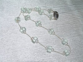Estate Thin White Cord with Freshwater Pearls &amp; Ice Blue Plastic Cube Bead Neck - £11.18 GBP