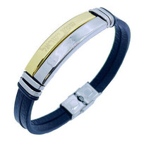 Bracelet for Men Shema Israel Gold Plating with Black Leather Straps 21cm - £34.71 GBP