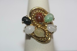 Fine 14K yellow gold flower design Rope Multi-color Jade cluster ring Size 7 - £458.77 GBP