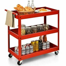 Red Steel Frame Kitchen Serving Utility Cart on Wheels with 2 Bottom She... - $3,193.94 MXN