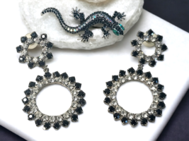 VTG Rhinestone Black Clear Earrings and Lizard Gecko Brooch Set Cottagecore - £10.25 GBP