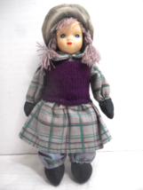 Vtg Stuffed Cloth Body Porcelain Face Girl Doll Yarn Hair Attached Cloth... - £15.71 GBP