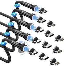 Magnetic Charging Cable [5-Pack,3/3/6/10/10Ft] 3 In 1 Magnetic Phone Charger 360 - £29.87 GBP