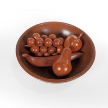 Vintage Wood Fruit Bowl &amp; Wood Fruits Banana Pear Apple Grape 70s 80s Kitsch - £19.65 GBP