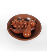 Vintage Wood Fruit Bowl &amp; Wood Fruits Banana Pear Apple Grape 70s 80s Ki... - £19.57 GBP