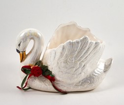 Enesco Swan Planter Ceramic Ribbon Lace Rose Retro 6&quot; White Pastel Marble 1987 - £8.62 GBP