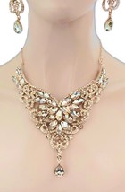 Classic Beige Light Brown Crystal Vintage Look Evening Necklace Earrings Set - $35.15