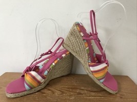 Fioni Candy Stripe Pink Burlap Vegan Fabric Strappy Wedge Heel Sandals 7 37.5 - £23.97 GBP