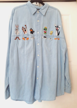 Warner Bros Studio Denim Shirt Looney Tunes Daffy Taz Tweety Blue Men&#39;s SZ L VTG - £30.55 GBP