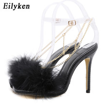 New Fluffy Feather Women Sandals Fashion Chain Design Stiletto Heels PVC Transpa - £39.61 GBP