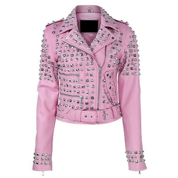 Women's Pink Color Vintage Leather Zipper Style Handmade Silver Studded Jacket
