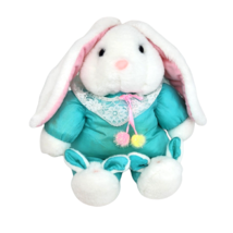 11&quot; Vintage Dan Dee Teal Nylon Body White Bunny Rabbit Stuffed Animal Plush Toy - £51.43 GBP