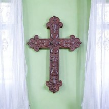 Ornate Christian Cross Fleur De Lis Hearts Resin Brown Wall Hang Vtg 80s 12x8 - £19.71 GBP